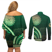 Saineha High School Couples Matching Off Shoulder Short Dress and Long Sleeve Button Shirt Ngatu and Polynesian Pattern