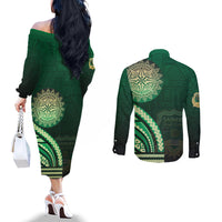 Saineha High School Couples Matching Off The Shoulder Long Sleeve Dress and Long Sleeve Button Shirt Ngatu and Polynesian Pattern