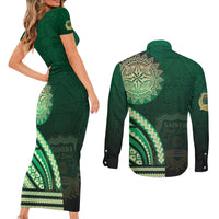 Saineha High School Couples Matching Short Sleeve Bodycon Dress and Long Sleeve Button Shirt Ngatu and Polynesian Pattern