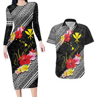 Aloha Hawaii Hibiscus and Plumeria Flowers Couples Matching Long Sleeve Bodycon Dress and Hawaiian Shirt Kanaka Maoli Tattoo Polynesian Pattern