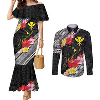 Aloha Hawaii Hibiscus and Plumeria Flowers Couples Matching Mermaid Dress and Long Sleeve Button Shirt Kanaka Maoli Tattoo Polynesian Pattern