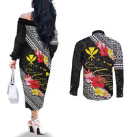 Aloha Hawaii Hibiscus and Plumeria Flowers Couples Matching Off The Shoulder Long Sleeve Dress and Long Sleeve Button Shirt Kanaka Maoli Tattoo Polynesian Pattern
