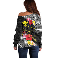 Aloha Hawaii Hibiscus and Plumeria Flowers Off Shoulder Sweater Kanaka Maoli Tattoo Polynesian Pattern