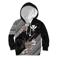 Aloha Hawaii Hibiscus and Plumeria Flowers Kid Hoodie Kanaka Maoli Tattoo Polynesian Pattern Gray Color