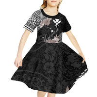 Aloha Hawaii Hibiscus and Plumeria Flowers Kid Short Sleeve Dress Kanaka Maoli Tattoo Polynesian Pattern Gray Color