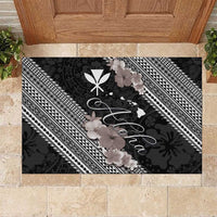 Aloha Hawaii Hibiscus and Plumeria Flowers Rubber Doormat Kanaka Maoli Tattoo Polynesian Pattern Gray Color