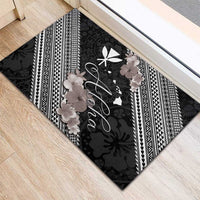 Aloha Hawaii Hibiscus and Plumeria Flowers Rubber Doormat Kanaka Maoli Tattoo Polynesian Pattern Gray Color