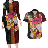 Papua New Guinea Birds and Frangipani Couples Matching Long Sleeve Bodycon Dress and Hawaiian Shirt Melanesian Art Tattoos - Polynesian Pride