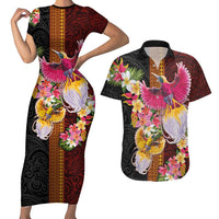 Papua New Guinea Birds and Frangipani Couples Matching Short Sleeve Bodycon Dress and Hawaiian Shirt Melanesian Art Tattoos - Polynesian Pride