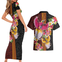 Papua New Guinea Birds and Frangipani Couples Matching Short Sleeve Bodycon Dress and Hawaiian Shirt Melanesian Art Tattoos - Polynesian Pride