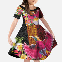 Papua New Guinea Birds and Frangipani Family Matching Off The Shoulder Long Sleeve Dress and Hawaiian Shirt Melanesian Art Tattoos LT03 Daughter's Dress Black - Polynesian Pride