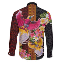 Papua New Guinea Birds and Frangipani Family Matching Off The Shoulder Long Sleeve Dress and Hawaiian Shirt Melanesian Art Tattoos LT03 - Polynesian Pride