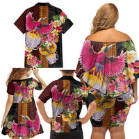 Papua New Guinea Birds and Frangipani Family Matching Off Shoulder Short Dress and Hawaiian Shirt Melanesian Art Tattoos - Polynesian Pride