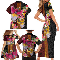 Papua New Guinea Birds and Frangipani Family Matching Short Sleeve Bodycon Dress and Hawaiian Shirt Melanesian Art Tattoos - Polynesian Pride