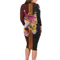 Papua New Guinea Birds and Frangipani Long Sleeve Bodycon Dress Melanesian Art Tattoos - Polynesian Pride
