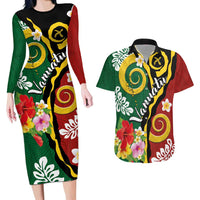 Melanesian Vanuatu Tribal Boar Tusk Couples Matching Long Sleeve Bodycon Dress and Hawaiian Shirt Tropical Plants and Namele Motifs - Polynesian Pride