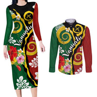 Melanesian Vanuatu Tribal Boar Tusk Couples Matching Long Sleeve Bodycon Dress and Long Sleeve Button Shirt Tropical Plants and Namele Motifs - Polynesian Pride