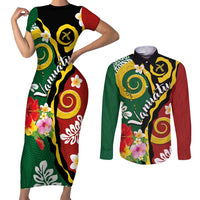 Melanesian Vanuatu Tribal Boar Tusk Couples Matching Short Sleeve Bodycon Dress and Long Sleeve Button Shirt Tropical Plants and Namele Motifs - Polynesian Pride