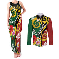 Melanesian Vanuatu Tribal Boar Tusk Couples Matching Tank Maxi Dress and Long Sleeve Button Shirt Tropical Plants and Namele Motifs - Polynesian Pride