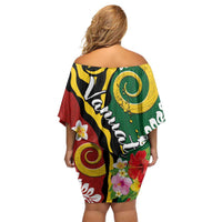 Melanesian Vanuatu Tribal Boar Tusk Off Shoulder Short Dress Tropical Plants and Namele Motifs - Polynesian Pride