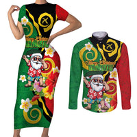 Vanuatu Christmas Couples Matching Short Sleeve Bodycon Dress and Long Sleeve Button Shirt Funny Santa with Namele and Boar Tusk Tribal - Polynesian Pride