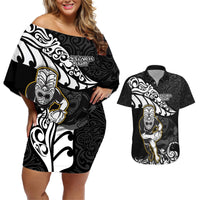 New Zealand Rugby Couples Matching Off Shoulder Short Dress and Hawaiian Shirt Maori Warrior Rugby Silver Fern Tribal Pattern LT03 Black - Polynesian Pride