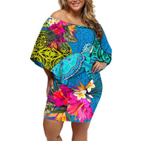 Polynesian Off Shoulder Short Dress The Turtle Jung Flower with Maori Pattern Ethnic Style LT03 Women Blue - Polynesian Pride