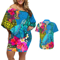 Custom Polynesian Couples Matching Off Shoulder Short Dress and Hawaiian Shirt The Turtle Jung Flower with Maori Pattern Ethnic Style LT03 Blue - Polynesian Pride