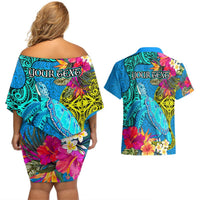 Custom Polynesian Couples Matching Off Shoulder Short Dress and Hawaiian Shirt The Turtle Jung Flower with Maori Pattern Ethnic Style LT03 - Polynesian Pride