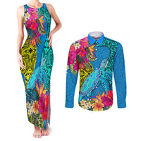 custom-polynesian-couples-matching-tank-maxi-dress-and-long-sleeve-button-shirts-the-turtle-jung-flower-with-maori-pattern-ethnic-style