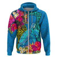 Custom Polynesian Hoodie The Turtle Jung Flower with Maori Pattern Ethnic Style LT03 Zip Hoodie Blue - Polynesian Pride