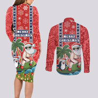 hawaii-christmas-couples-matching-long-sleeve-bodycon-dress-and-long-sleeve-button-shirts-the-santa-surfing-hawaii-xmas-style