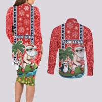 Custom Hawaii Christmas Couples Matching Long Sleeve Bodycon Dress and Long Sleeve Button Shirts The Santa Surfing Hawaii Xmas Style LT03 - Polynesian Pride