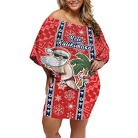 Custom Hawaii Christmas Off Shoulder Short Dress The Santa Surfing Hawaii Xmas Style LT03 Women Red - Polynesian Pride