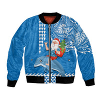 Hawaii Mele Kalikimaka Bomber Jacket Santa Riding The DolPhin Mix Kakau Pattern Blue Style LT03 Unisex Blue - Polynesian Pride