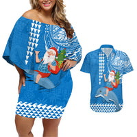 Hawaii Mele Kalikimaka Couples Matching Off Shoulder Short Dress and Hawaiian Shirt Santa Riding The DolPhin Mix Kakau Pattern Blue Style LT03 Blue - Polynesian Pride
