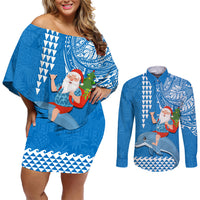Hawaii Mele Kalikimaka Couples Matching Off Shoulder Short Dress and Long Sleeve Button Shirt Santa Riding The DolPhin Mix Kakau Pattern Blue Style LT03 Blue - Polynesian Pride