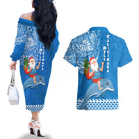 Hawaii Mele Kalikimaka Couples Matching Off The Shoulder Long Sleeve Dress and Hawaiian Shirt Santa Riding The DolPhin Mix Kakau Pattern Blue Style LT03 - Polynesian Pride