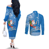 Hawaii Mele Kalikimaka Couples Matching Off The Shoulder Long Sleeve Dress and Long Sleeve Button Shirt Santa Riding The DolPhin Mix Kakau Pattern Blue Style LT03 - Polynesian Pride