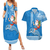 Hawaii Mele Kalikimaka Couples Matching Summer Maxi Dress and Hawaiian Shirt Santa Riding The DolPhin Mix Kakau Pattern Blue Style LT03 Blue - Polynesian Pride
