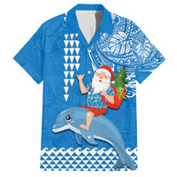 Hawaii Mele Kalikimaka Family Matching Off Shoulder Short Dress and Hawaiian Shirt Santa Riding The DolPhin Mix Kakau Pattern Blue Style LT03 Dad's Shirt - Short Sleeve Blue - Polynesian Pride