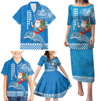 Hawaii Mele Kalikimaka Family Matching Puletasi Dress and Hawaiian Shirt Santa Riding The DolPhin Mix Kakau Pattern Blue Style LT03 - Polynesian Pride