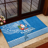 Hawaii Mele Kalikimaka Rubber Doormat Santa Riding The DolPhin Mix Kakau Pattern Blue Style LT03 - Polynesian Pride