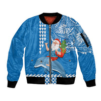 Hawaii Mele Kalikimaka Sleeve Zip Bomber Jacket Santa Riding The DolPhin Mix Kakau Pattern Blue Style LT03 Unisex Blue - Polynesian Pride