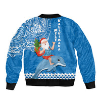 Hawaii Mele Kalikimaka Sleeve Zip Bomber Jacket Santa Riding The DolPhin Mix Kakau Pattern Blue Style LT03 - Polynesian Pride