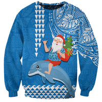 Hawaii Mele Kalikimaka Sweatshirt Santa Riding The DolPhin Mix Kakau Pattern Blue Style LT03 Unisex Blue - Polynesian Pride