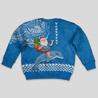 Custom Hawaii Mele Kalikimaka Kid Ugly Christmas Sweater Santa Riding The DolPhin Mix Kakau Pattern Blue Style LT03 - Polynesian Pride