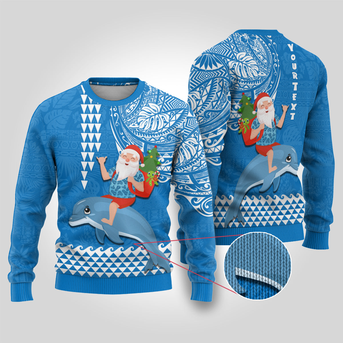 Custom Hawaii Mele Kalikimaka Ugly Christmas Sweater Santa Riding The DolPhin Mix Kakau Pattern Blue Style LT03 Blue - Polynesian Pride