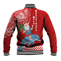 Hawaii Mele Kalikimaka Baseball Jacket Santa Riding The DolPhin Mix Kakau Pattern Red Style LT03 - Polynesian Pride
