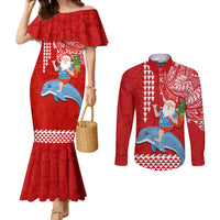 Hawaii Mele Kalikimaka Couples Matching Mermaid Dress and Long Sleeve Button Shirt Santa Riding The DolPhin Mix Kakau Pattern Red Style LT03 Red - Polynesian Pride